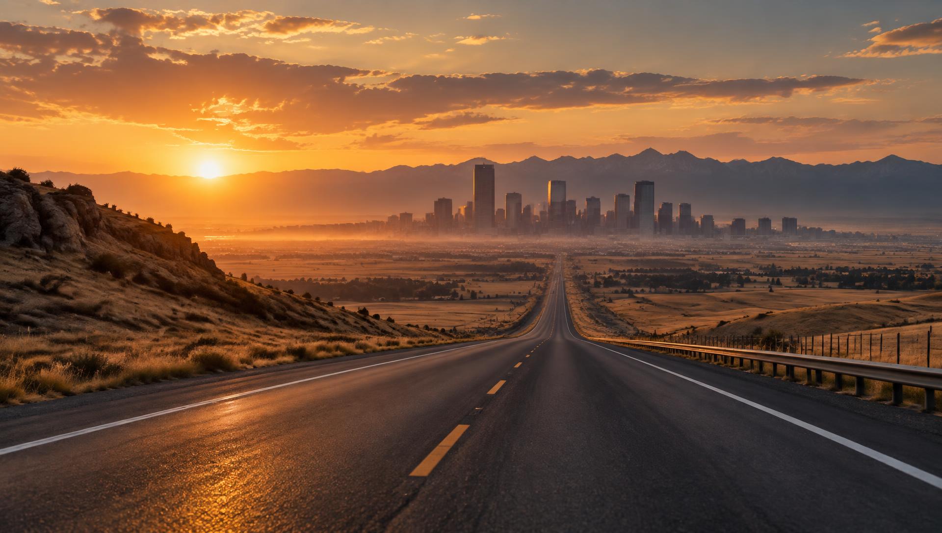 An open highway at golden hour leading toward a distant American city skyline